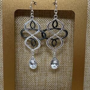 Avon Silver Tone Gun Metal Open Loop NRT Teardrop Rhinestone Dangle Earrings